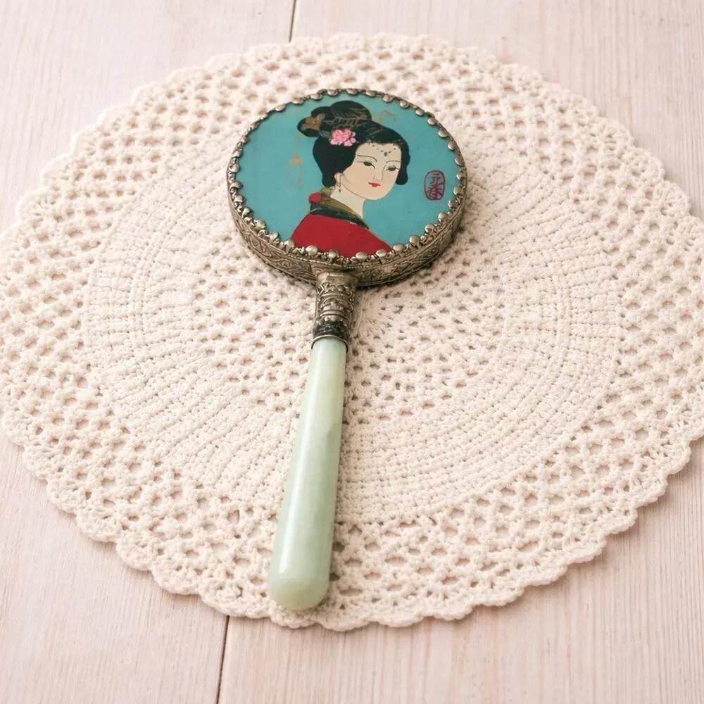 Vintage Asian Vanity Mirror Geisha Enamel Green Handle Cloisonné Style
